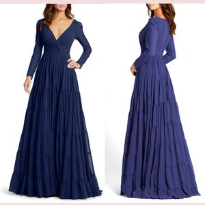 NEW $398 IEENA for Mac Duggal [ 14 ] Long‎ Sleeve Chiffon A-Line Gown Blue